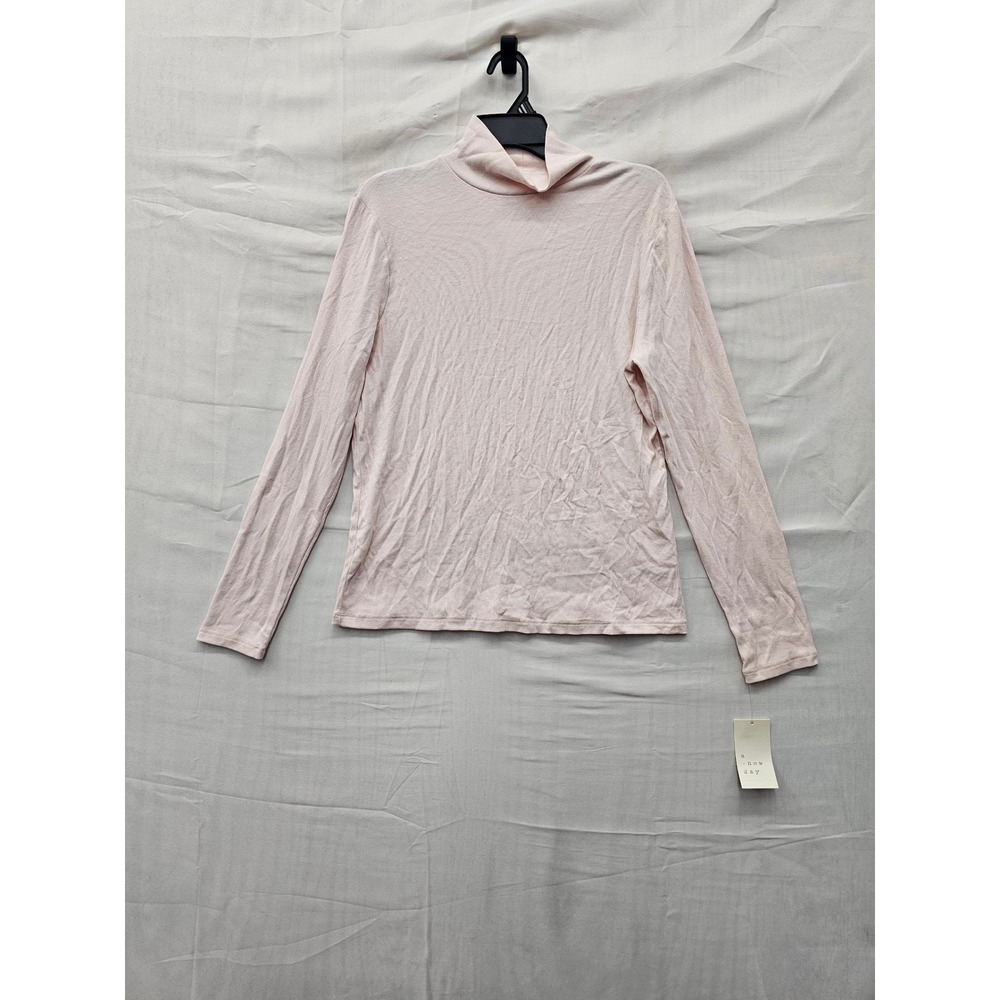 A New Day Womens Ribbed Long Sleeve Mock Neck Top Pink Cotton Blend Size Large